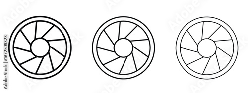 Camera shutter icon in outline stroke style symbol.