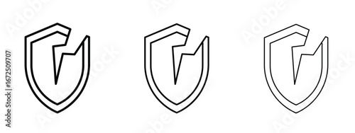 Broken shield icon in outline stroke style symbol.