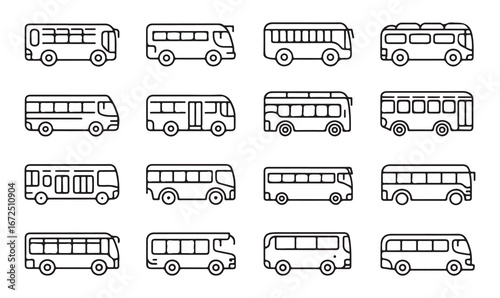 Icon set featuring city buses, shuttle buses, and commuter vehicles