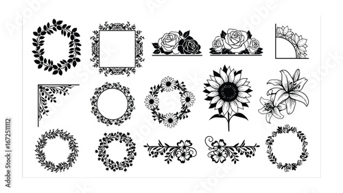 Floral Design Elements: A collection of elegant floral design elements, ready to enhance any project, each element radiates sophistication and charm. 