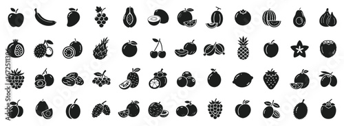 Fruits and berries icon set. Vector glyph pictograms of tropical, exotic and seasonal fruits black silhouette illustration isolated design
