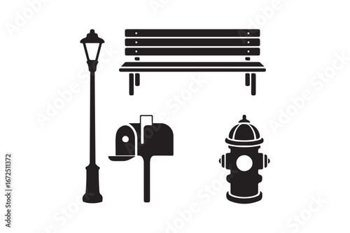 Street furniture icons lamp post bench mailbox and fire hydrant