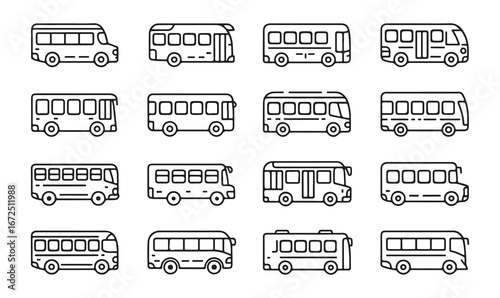 Various bus icons in minimalist line art for transportation designs