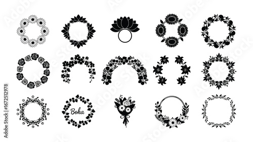 Floral Emblems: A collection of intricate, circular floral designs in monochrome, each with its own unique style, perfect for artistic use.