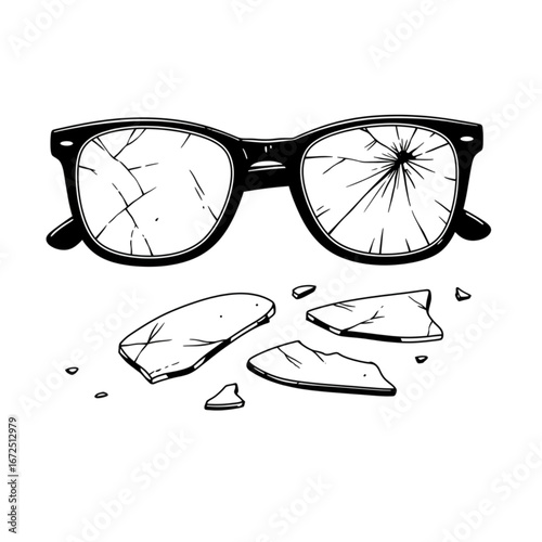 Shattered glasses represent broken vision, loss, and failure with stark black and white contrast