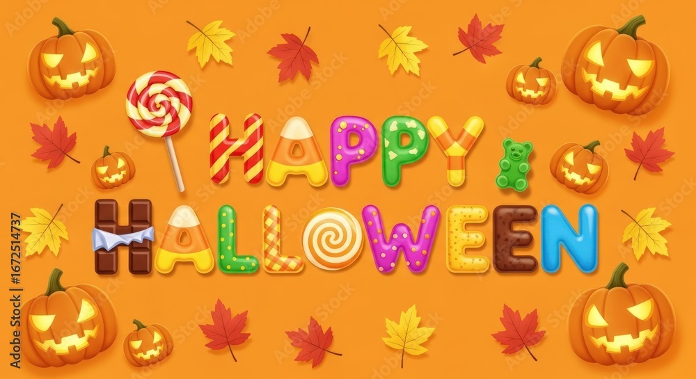 Fototapeta premium Celebrate Halloween with colorful candy letters, pumpkins, and autumn leaves