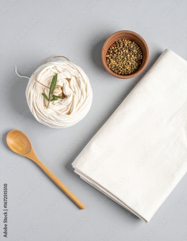 Fototapeta premium Neutral Toned Linen Cloth with Wooden Spoon and Seeds on Gray Surface