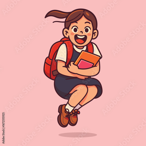 Cute schoolgirl jumping midair with backpack vector cartoon illustration