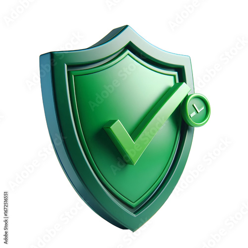 Green shield checkmark security 3d isolated on white background