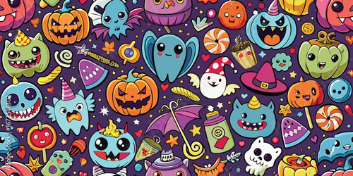 Candy Monster Mash, seamless candy, monsters, lollipops, glowing pumpkins, bats, spooky party, pattern