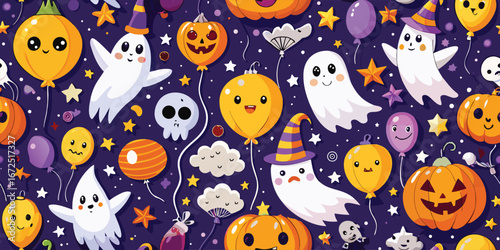 Ghost Balloon Parade, Seamless ghosts, balloons, pumpkins, bats, glowing candy stars, Seamless pattern