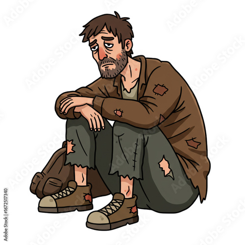 Sad homeless man sitting and looking down, poverty concept illustration with worn clothes
