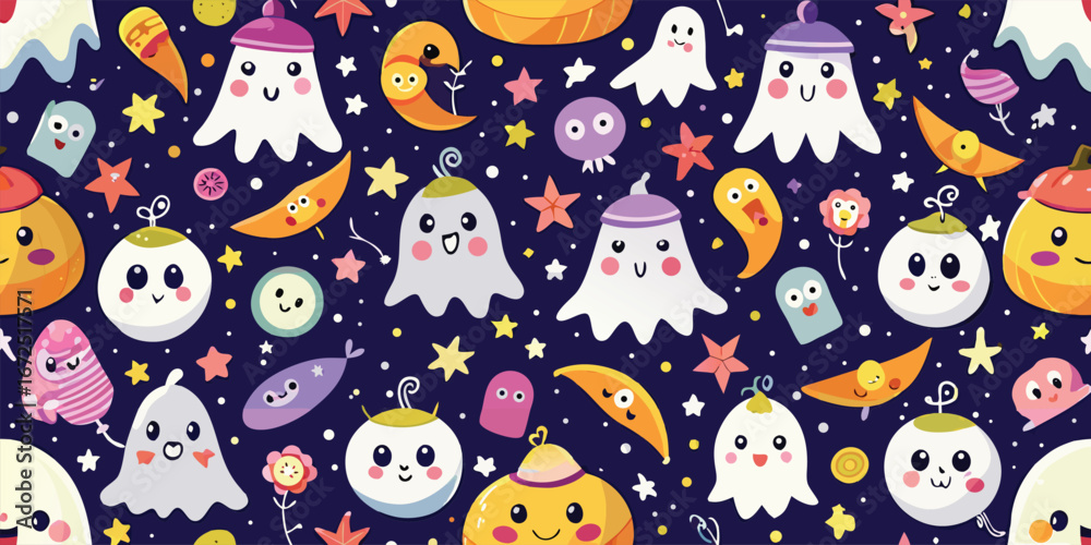 Naklejka premium Spirited Ghost Parade, Pattern, Cute floating ghosts, candy stars, moons, whimsical seamless Halloween pattern design, Seamless pattern