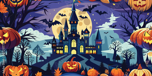 Vampire Castle Glow , Seamless pattern, Gothic seamless castles, bats, pumpkins, glowing moons, eerie Halloween vibes 