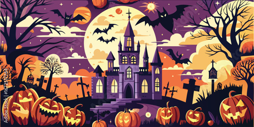 Vampire Castle Glow, Gothic seamless castles, bats, pumpkins, glowing moons, eerie Halloween vibes, Seamless pattern