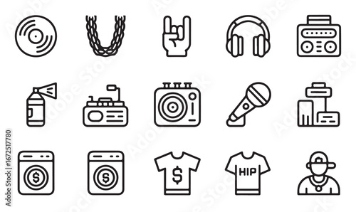 "Set of hip hop and music culture icons: records, microphones, headphones, and clothing"