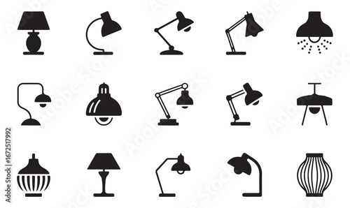 "Collection of black and white lighting icons for interior and home decoration"