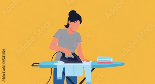 Woman Ironing Clothes on Blue Ironing Board with Yellow Background