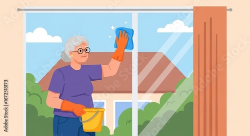 Senior Woman Cleaning Window with Blue Cloth in Bright Home Environment