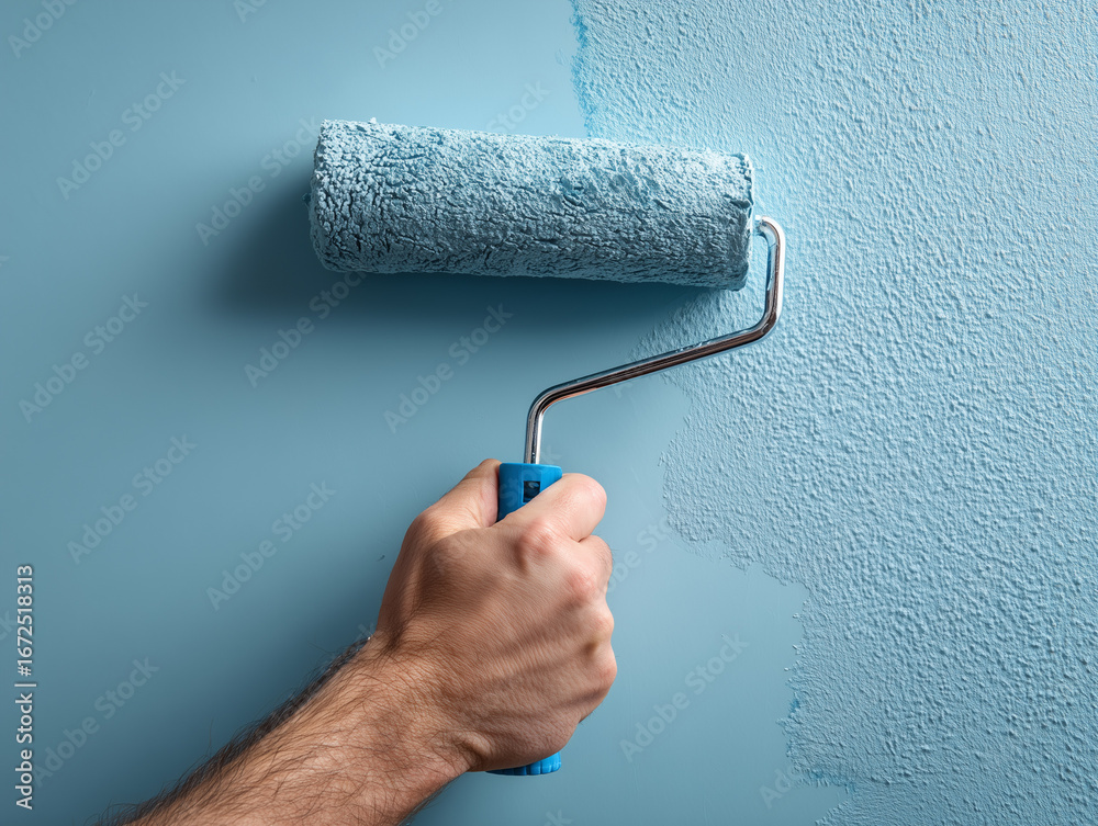 Obraz premium The painter paints the wall with a roller in a soft blue color.