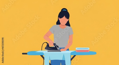 Young Woman Ironing Clothes on Blue Ironing Board with Yellow Background