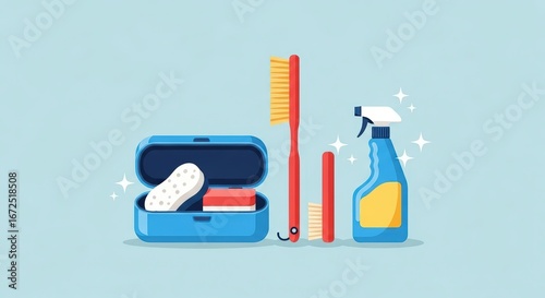 Colorful Cleaning Supplies Including Combs and Case on Light Background