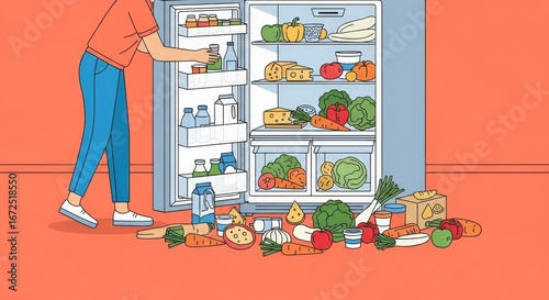 Person Organizing Colorful Food and Beverages in Open Refrigerator