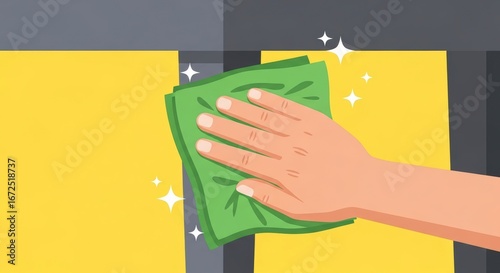 Hand Cleaning Yellow Surface with Green Cloth in Bright Environment