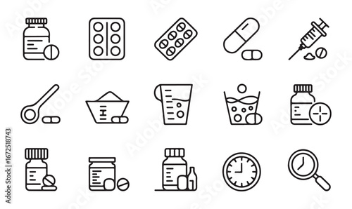 "Vector icons of pharmacy items: drug bottles, syringes, and pills for medical designs"