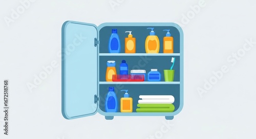 Colorful Bathroom Cabinet Filled with Cleaning Products and Towels