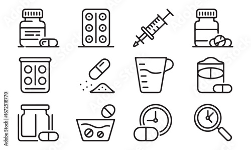 "Collection of pharmaceutical symbols: pills, syringes, and medicine containers"