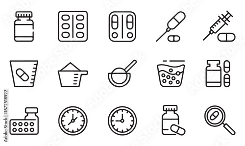 "Illustration of pharmacy and healthcare items: medicine bottles, pills, and syringes"