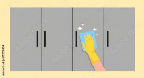 Person Cleaning Gray Cabinets with Blue Cloth and Yellow Glove in Bright Kitchen