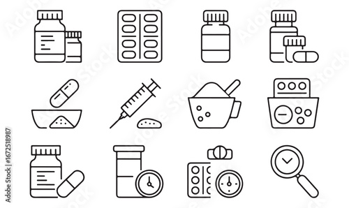 "Set of medical and pharmaceutical icons: bottles, pills, syringes, and equipment"
