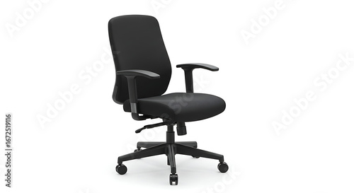  Ergonomic black office chair with adjustable armrests, isolated on white background.
