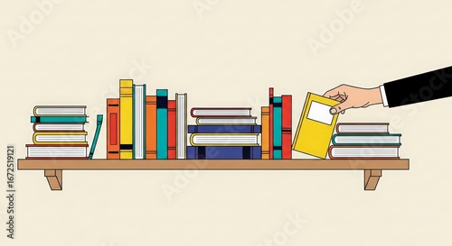 Hand Reaching for Yellow Book on Wooden Shelf Surrounded by Colorful Books