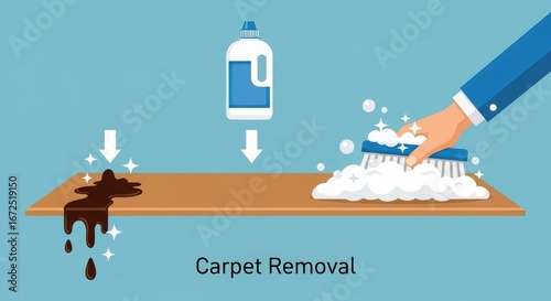 Carpet Stain Removal Process with Cleaning Solution and Brush