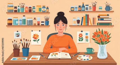 Creative Young Artist in Cozy Studio with Colorful Paints and Flowers