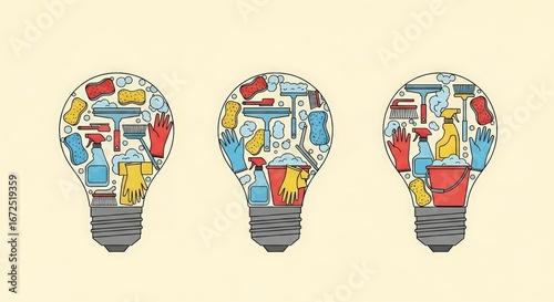 Colorful Light Bulbs Filled with Cleaning Supplies and Sponges
