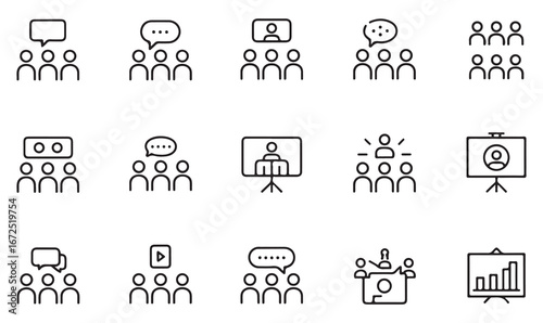 "Vector icons of meetings, seminars, and team collaboration for professional use"
