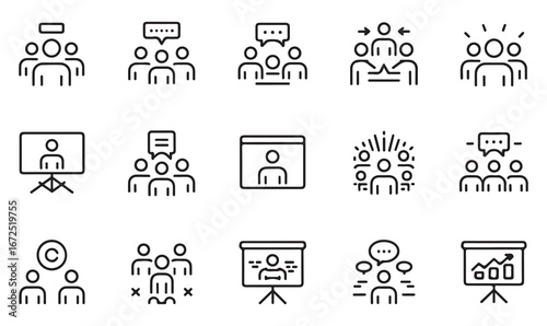 "Illustration of group discussions, teamwork, and communication icons for business"