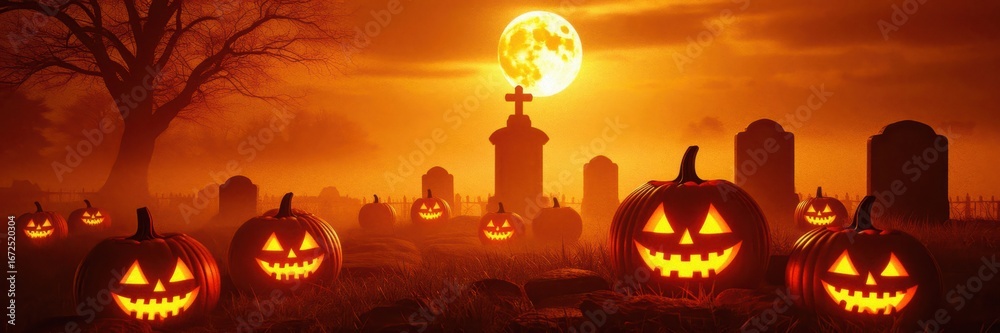 Obraz premium Spooky halloween scene featuring grinning jack-o'-lanterns in a graveyard under a full moon, surrounded by silhouetted trees and tombstones, creating an eerie atmosphere.