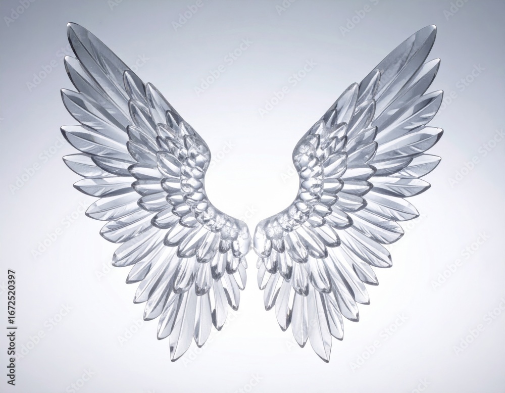 Fototapeta premium Elegant Silver Wings Spread on a Soft White Background in a Serene Light