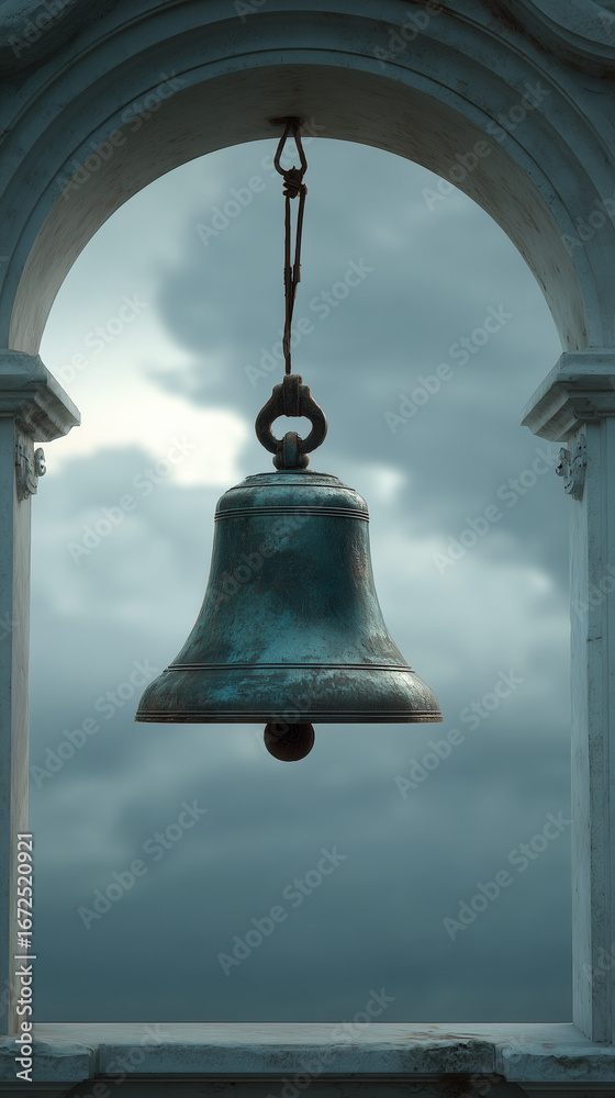 Fototapeta premium A quiet temple bell covered in patina, hanging in an open archway with clouds rolling in the background