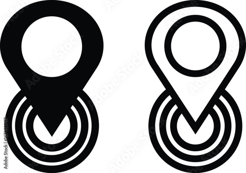 Map location pin icon set, black GPS marker collection, navigation point group, flat and line style symbols, geolocation pointer bundle with destination, position, place, and spot synonyms