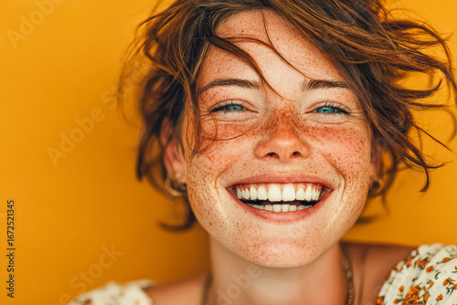 Smiling woman with freckles and tousled hair against a vibrant yellow background, showcasing joy