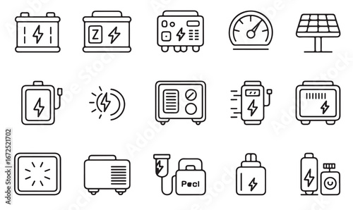 "Vector icons of electrical systems including batteries, solar panels, and power generators"