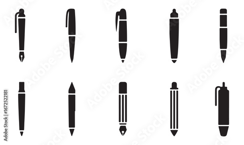 Set of line art icons representing various pens and writing instruments for office and stationery designs.