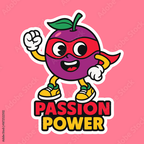 Passionfruit with a superhero mask, text: 'Passion Power.'