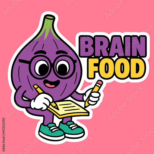Fig wearing glasses and writing, text: 'Brain Food.'
